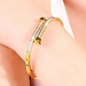Nail Bangle with CZ Gold Tone Stainless Steel Bracelet